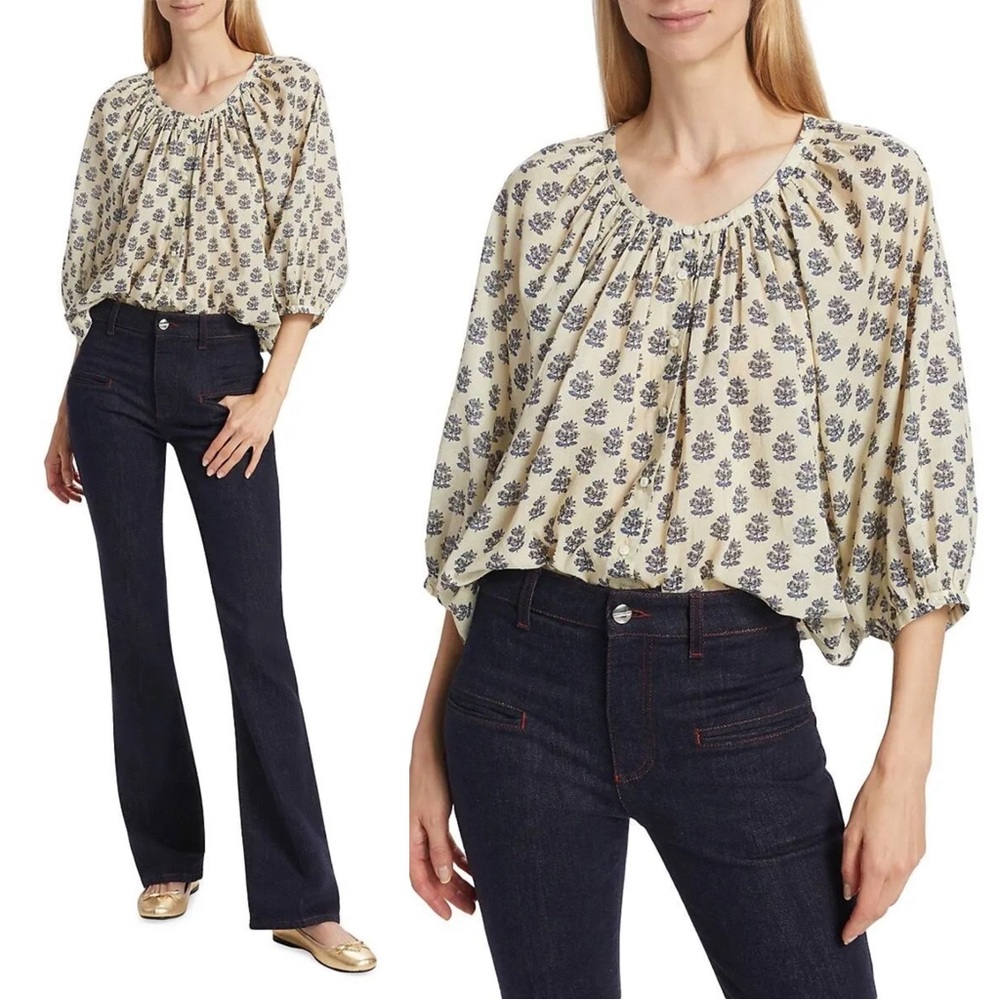 Doen Ivory and Navy Patterned Blouse